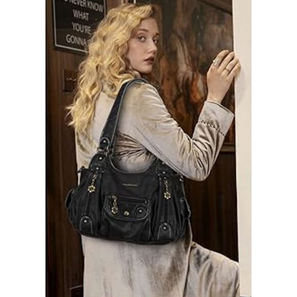 Angel Barcelo Black PU Leather Hobo Tote Shoulder Handbag Multi Pockets No Strap - Picture 1 of 14